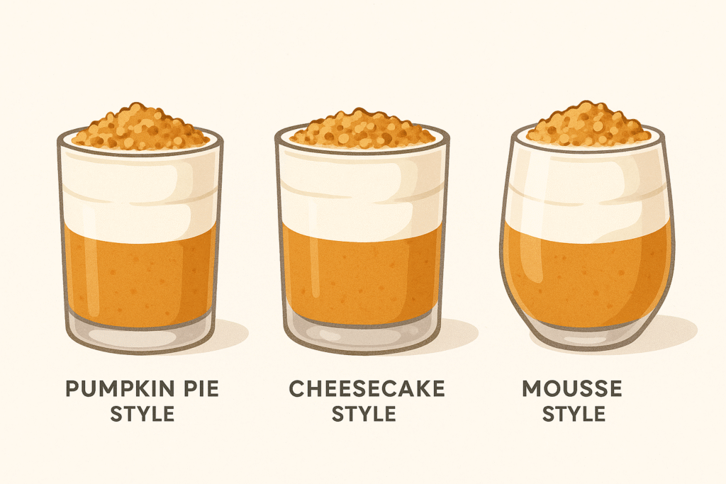 Three small dessert glasses side by side, one labeled visually as “pumpkin pie style,” one as “cheesecake style,” and one as “mousse style” through subtle layout hints, all filled with similar pumpkin pudding layers, showing how the dessert combines all three ideas in one modern low carb treat.