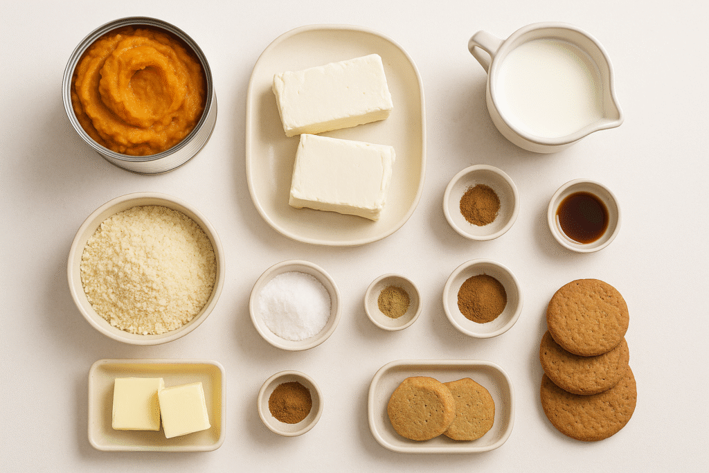 A neat top-down flat lay: canned pumpkin puree, cream cheese blocks, heavy cream in a small jug, powdered sweetener, vanilla, pumpkin spice, almond flour, butter, cinnamon, and keto cookies. All ingredients placed on a simple white backdrop. Ultra-realistic food photography, natural soft daylight, clean shadows, warm neutral tones, modern cookbook aesthetic, high-detail textures,