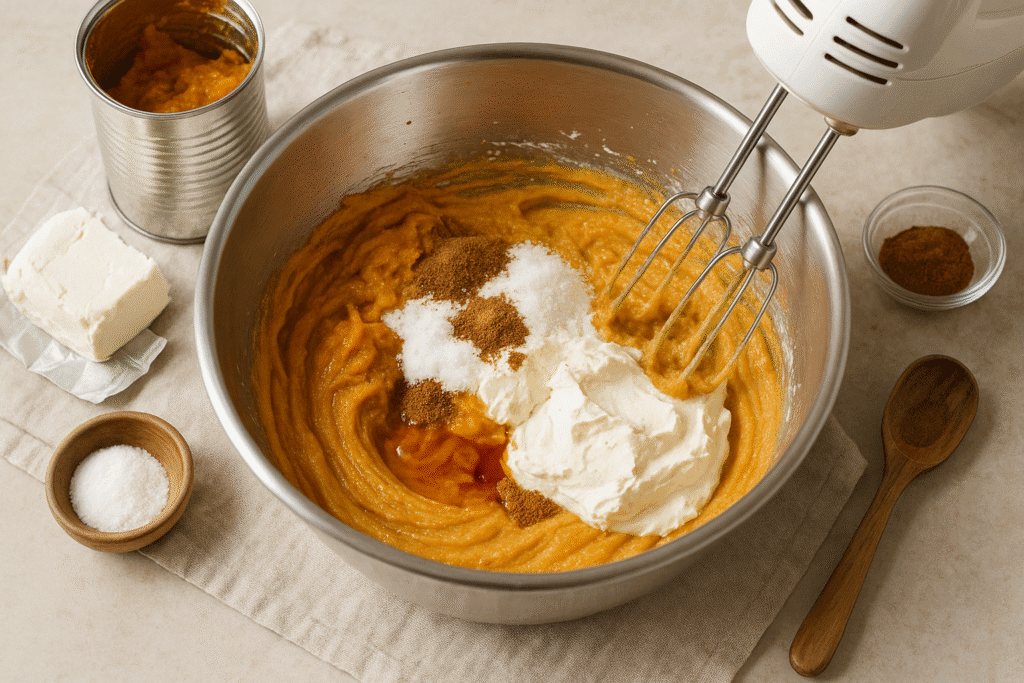 A mixing bowl with pumpkin puree, cream cheese, sweetener, vanilla, and spices being blended with a hand mixer, creating orange creamy swirls.