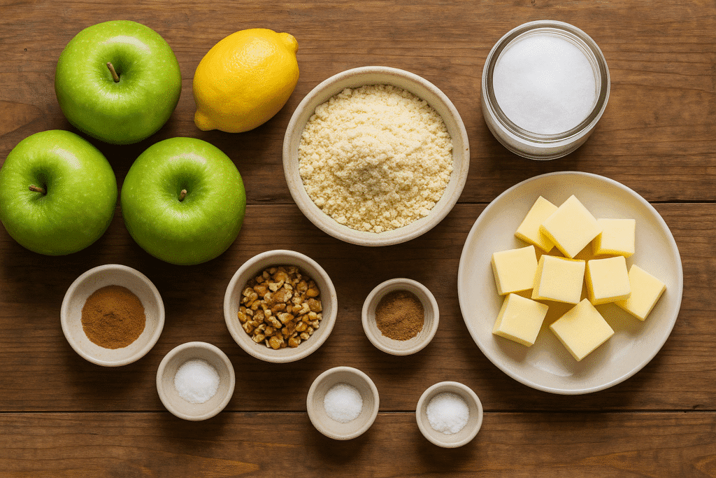 Neatly arranged flat lay of all main ingredients on a wooden table: Granny Smith apples, lemon, almond flour in a small bowl, butter cubes on a plate, erythritol in a jar, cinnamon and nutmeg in small ramekins, chopped nuts in a tiny bowl, and a pinch of salt in a pinch dish, each clearly visible and separated. 