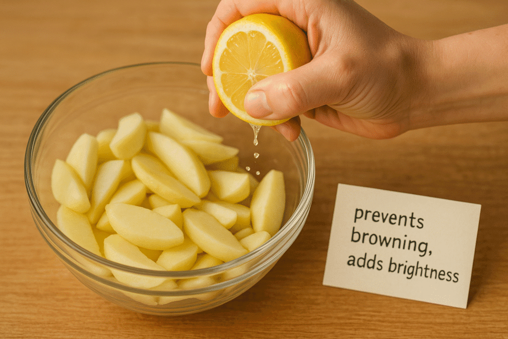 Close up of a hand squeezing a lemon over a bowl of apple slices, a few drops frozen mid air, with a small note card off to the side reading “prevents browning, adds brightness” in tiny text, highlighting the double benefit. 