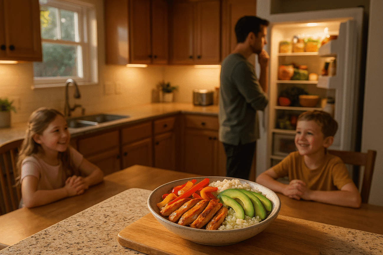 A cozy family kitchen at 6 PM with warm evening light. A parent stands at the fridge looking thoughtfully at ingredients while kids sit at the table waiting happily. On the counter is a colorful keto chicken fajita bowl with chicken strips, peppers, avocado, and cauliflower rice. The scene feels calm and hopeful.