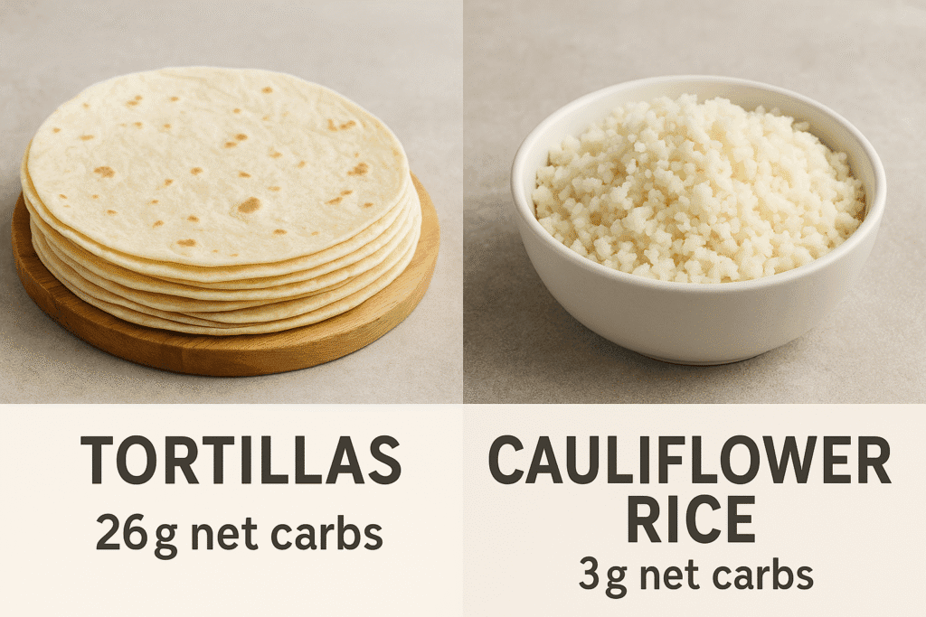 A visual comparison between a stack of flour tortillas and a bowl of cauliflower rice. Use simple labels like tortillas 26g net carbs and cauliflower rice 3g net carbs.