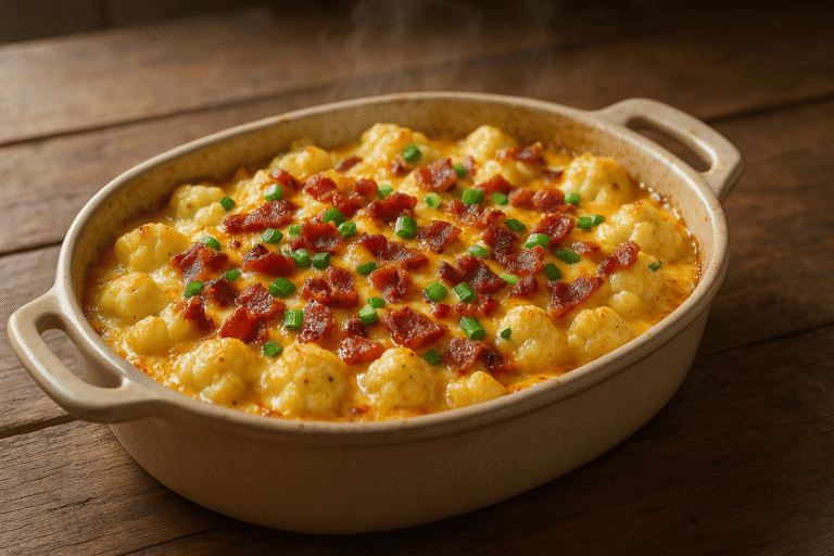 A bubbling golden casserole dish filled with creamy cauliflower florets smothered in melted cheddar and mozzarella cheese, topped with crispy bacon crumbles and fresh green onions, sitting on a rustic wooden kitchen table with soft natural lighting and steam gently rising from the dish. Loaded Cauliflower Bake
