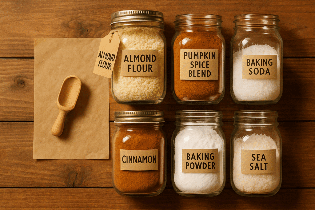 A neatly arranged flat lay of all dry ingredients in labeled glass jars: almond flour (with a keto tag), pumpkin spice blend, cinnamon, baking powder, baking soda, and sea salt—grouped on one side of a wooden table, with a small scoop resting on parchment paper.