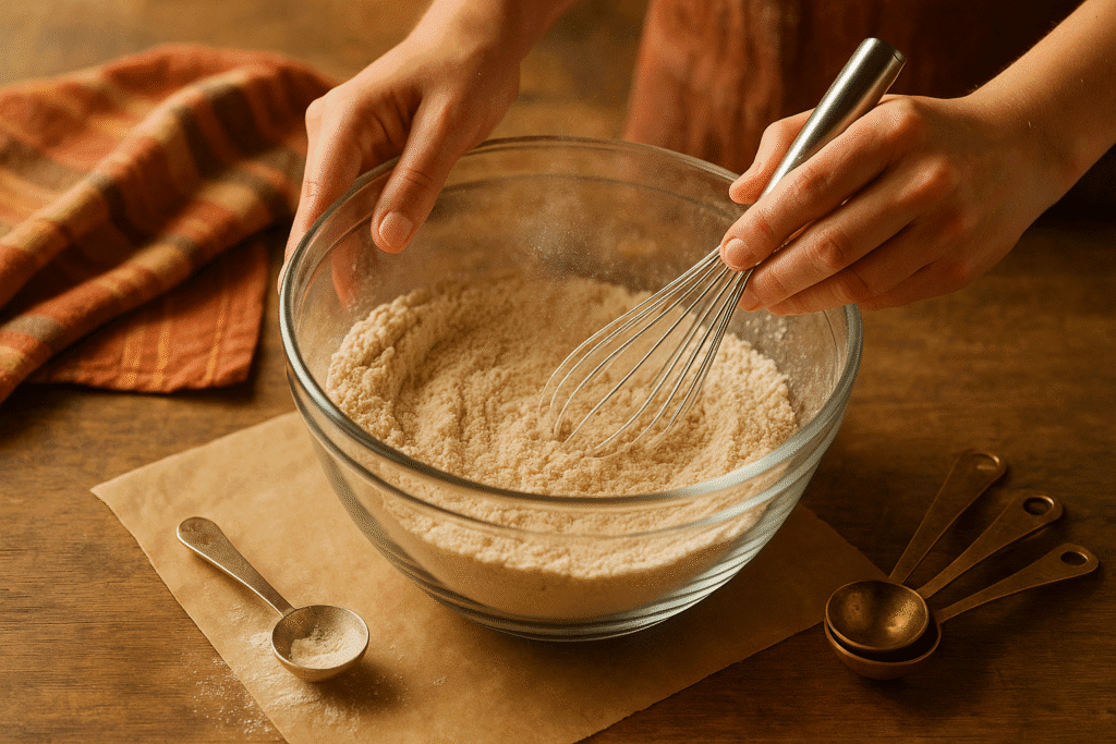 A baker’s hands (clean, with short nails) gently whisking dry ingredients in a large glass bowl—flour dust floating in soft light, autumn-colored kitchen towels in the background, and measuring spoons resting nearby.