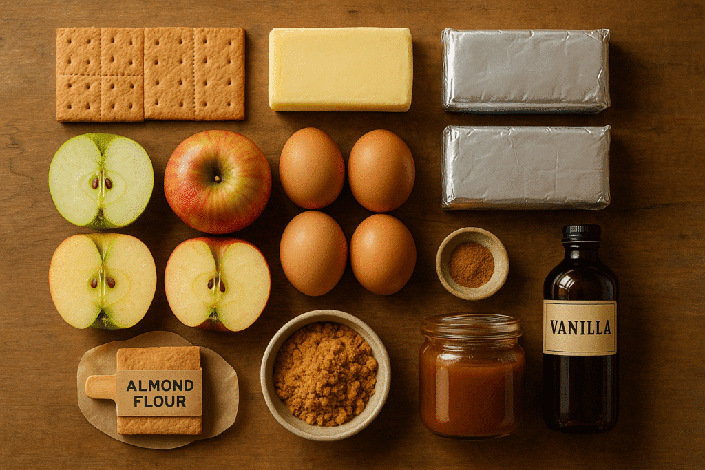 Top-down flat lay of all raw ingredients neatly grouped: graham crackers, butter block, cream cheese packages, eggs, vanilla bottle, apples (Granny Smith and Honeycrisp halves), brown sugar, cinnamon, and a jar of caramel sauce. Natural light, muted autumn palette.