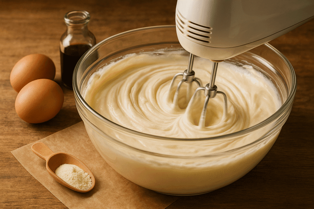 Electric mixer blending smooth cream cheese batter in a glass bowl, with eggs and vanilla nearby. Creamy texture emphasized, no lumps visible. Warm ambient lighting.