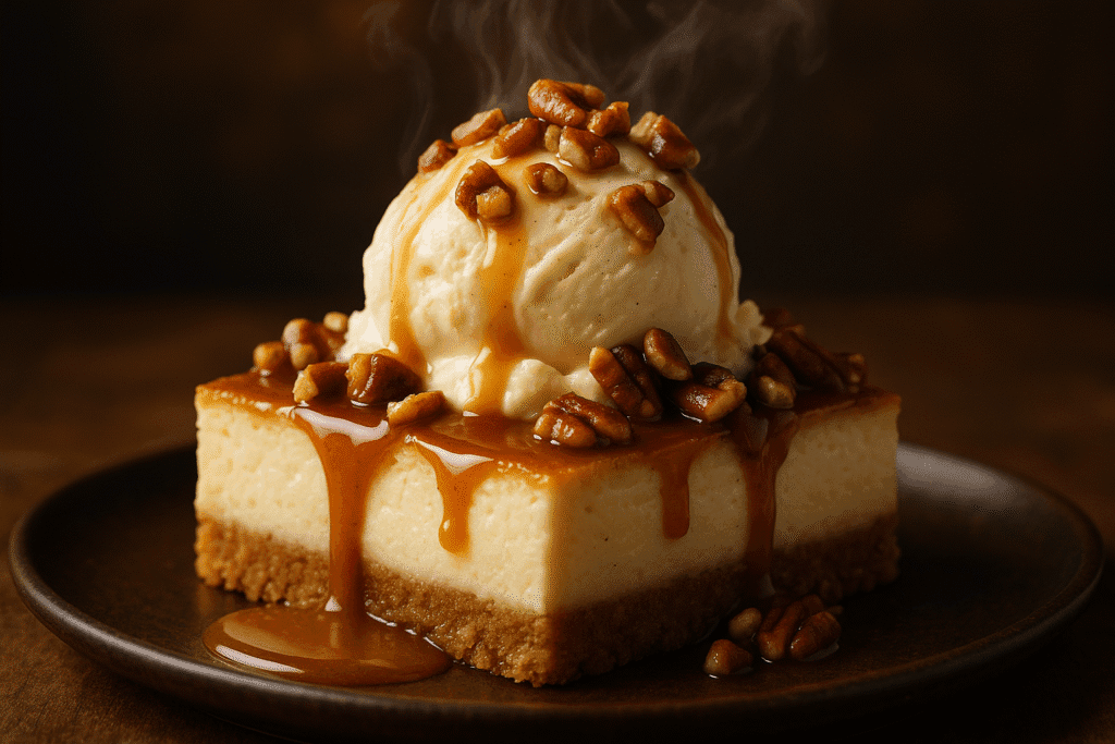 Close-up of a cheesecake bar topped with a scoop of vanilla ice cream and a sprinkle of toasted pecans, with caramel pooling around the base. Steam rising from the ice cream for contrast.