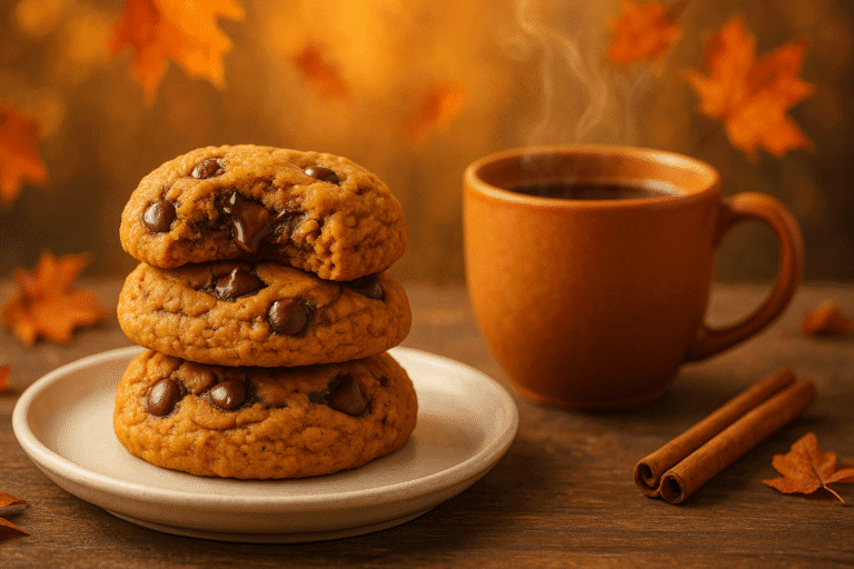 Stack of three soft pumpkin chocolate chip cookies on a white ceramic plate