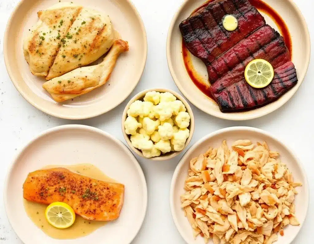 Four small plates arranged in a grid: top left—grilled chicken breast with herbs; top right—pan-seared ribeye with butter; bottom left—baked salmon with lemon slices; bottom right—shredded rotisserie chicken. In the center, a small scoop of loaded cauliflower bake ties them together.

