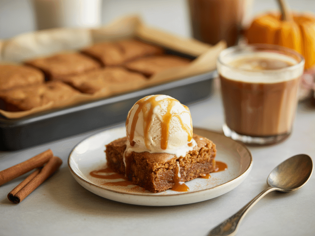 A cozy dessert scene with a single brown butter pecan blondie on a small white plate, topped with a scoop of vanilla keto ice cream and a drizzle of sugar free caramel, a cup of coffee beside it, blurred background with a tray of more blondies and autumn decor like a small pumpkin and cinnamon sticks.
Aspect Ratio: 4:3, Style: Ultra realistic food photography, natural soft daylight, warm neutral tones, clean shadows, high detail textures, modern cookbook aesthetic, no illustration, no vector style.