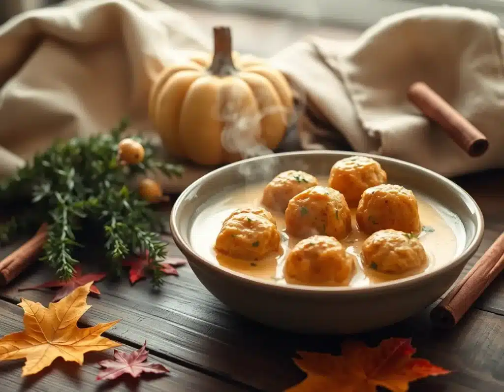 A cozy fall kitchen scene: a steaming bowl of pumpkin meatballs in cream sauce beside a sprig of rosemary and a cinnamon stick, with autumn leaves scattered on a wooden table. Focus on warmth, comfort, and seasonal ambiance.
