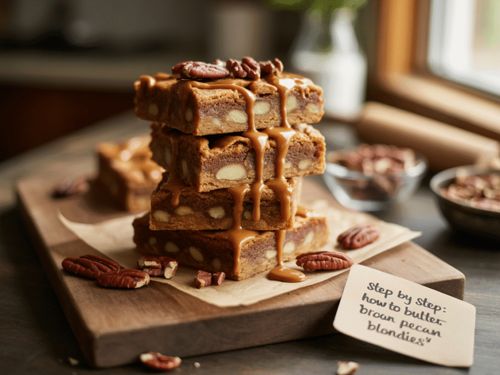 A photograph of a stack of warm, golden-brown blondies arranged artfully on a rustic wooden cutting board. The blondies are drizzled with a shimmering caramel sauce and sprinkled with chopped toasted pecans, and a small handwritten card nearby reads "Step By Step: How To Make 'Brown Butter Pecan Blondies'". Natural light streams in from a nearby window, highlighting the rich textures and warm tones of the baked goods, with a blurred background of a cozy kitchen. A vintage rolling pin and a bowl of pecans rest casually nearby, completing the inviting scene.