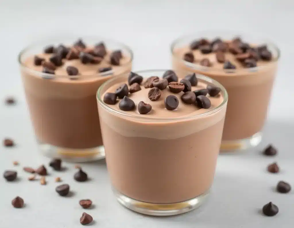 Mousse cup topped with sugar free chocolate chips and cacao nibs.
Aspect Ratio 4:3, clean modern editorial food vector illustration with soft neutral tones