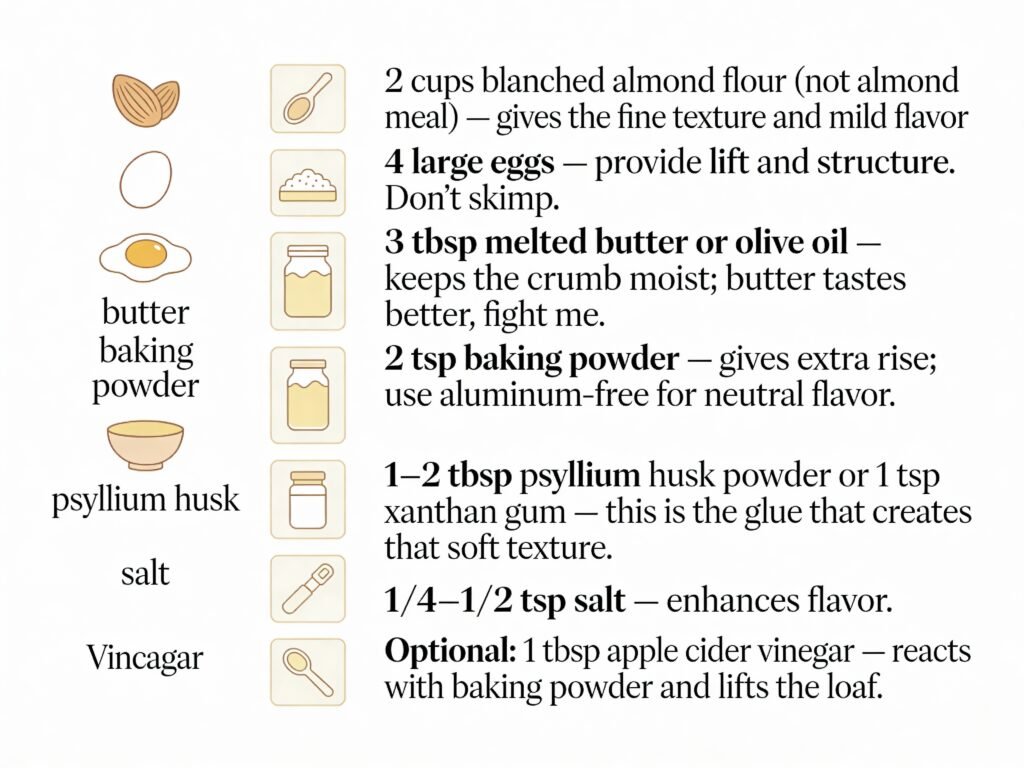 Ingredients & why each one matters

I’ll keep this short and practical. Use these items and you’ll get an Almond flour low carb sandwich loaf that slices without crumbling.

2 cups blanched almond flour (not almond meal) — gives the fine texture and mild flavor.

4 large eggs — provide lift and structure. Don’t skimp.

3 tbsp melted butter or olive oil — keeps the crumb moist; butter tastes better, fight me.

2 tsp baking powder — gives extra rise; use aluminum-free for neutral flavor.

1–2 tbsp psyllium husk powder or 1 tsp xanthan gum — this is the glue that creates that soft texture.

1/4–1/2 tsp salt — enhances flavor.

Optional: 1 tbsp apple cider vinegar — reacts with baking powder and lifts the loaf. Keto Almond Flour Sandwich