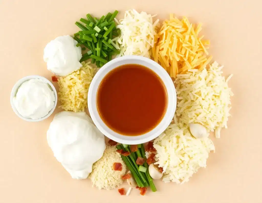 A circular arrangement of ingredients around a central bowl: cream cheese, sour cream, shredded cheddar, mozzarella, parmesan, crispy bacon, green onions, and garlic—all spilling slightly toward the center, evoking abundance and layering. Background is matte beige, lighting soft and inviting.