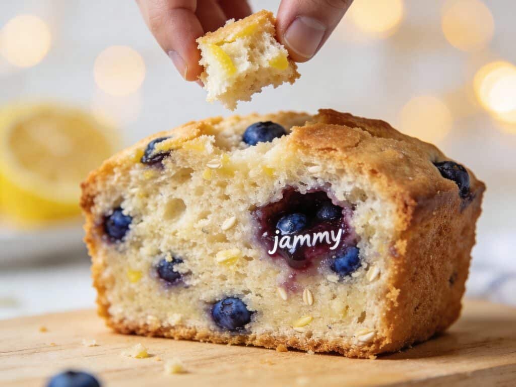 Extreme close-up macro shot of a single thick slice of keto lemon blueberry bread. Focus on the tender, moist crumb texture of the almond flour and a "jammy" blueberry pocket. A small piece is being broken off by hand to show the soft fluffiness. Soft bokeh background, bright and airy kitchen setting.