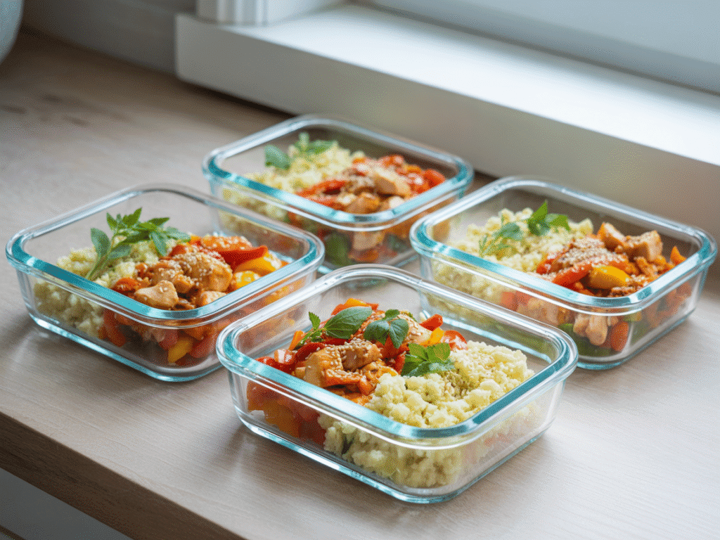 Four glass meal prep containers with chicken, peppers, cauliflower rice, and toppings stored in separate sections.
