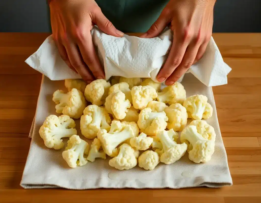 A close-up of hands pressing a layer of paper towels firmly onto steamed cauliflower florets spread on a clean kitchen towel. Water is visibly absorbed into the lower towel. Lighting is warm and practical, highlighting the action of moisture removal.
