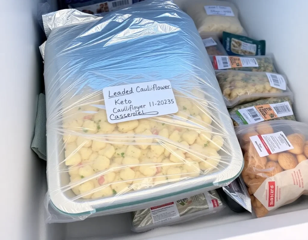 A casserole dish wrapped tightly in plastic wrap and then aluminum foil, with a handwritten freezer label (“Loaded Cauliflower – 11/2025”) and placed in a freezer drawer alongside other labeled keto meals. Frosty but not icy environment.