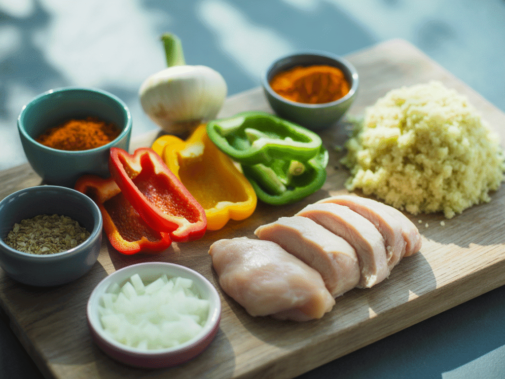 A full mise en place setup with sliced chicken, peppers, onions, spices, and cauliflower rice neatly organized.