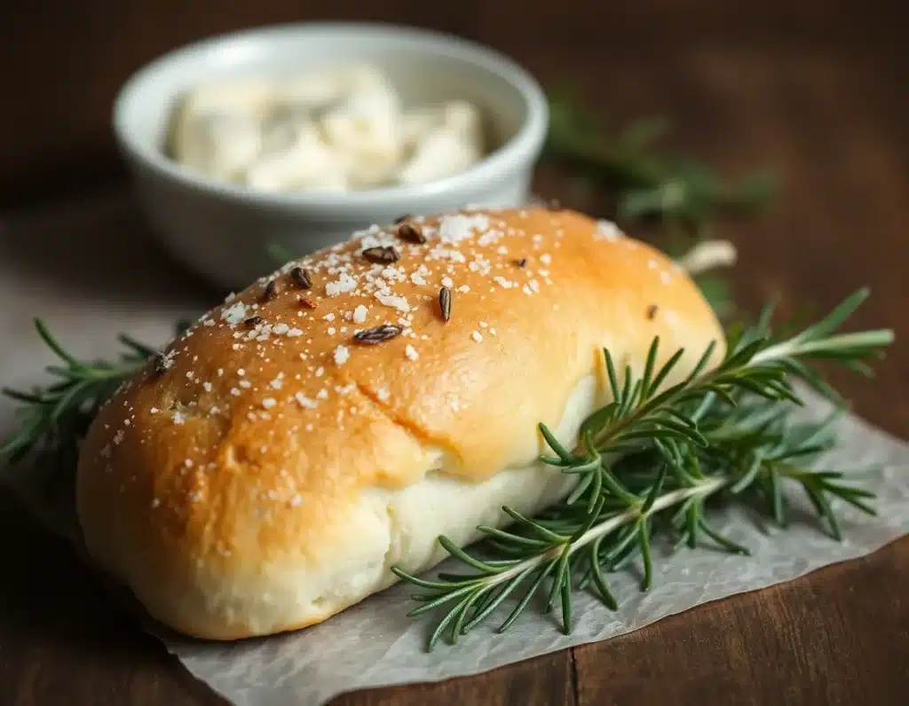 A roll dusted with rosemary and coarse sea salt, resting on a sprig of fresh rosemary. A small bowl of vegan cheese alternative sits subtly out of focus in the background.
