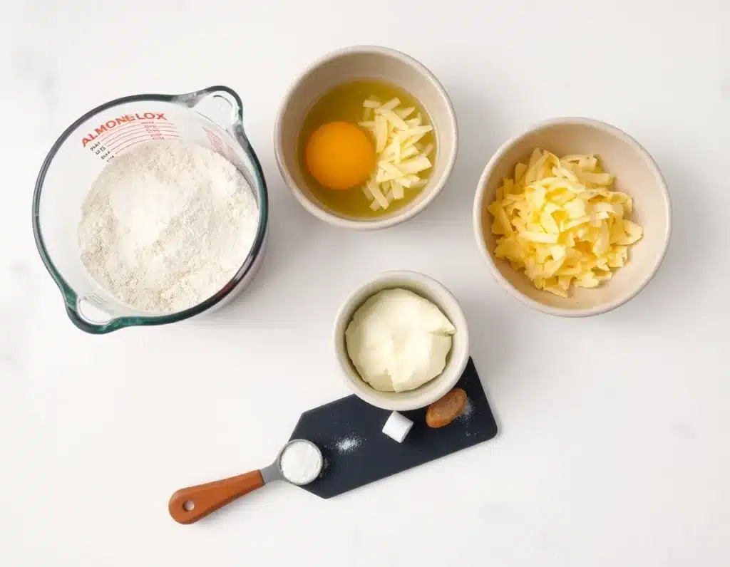 A clean white countertop with a measuring cup of almond flour, two small bowls (one with shredded mozzarella, one with cream cheese), a cracked egg in a ramekin, and a teaspoon of baking powder and garlic powder on a tiny slate board.
