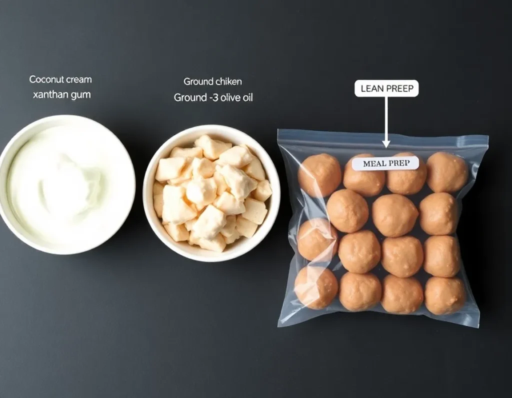 Three small bowls on a slate surface: one with coconut cream and xanthan gum (dairy-free), one with ground chicken and olive oil (lean protein), one with frozen meatballs labeled “Meal Prep.” Each has a small ingredient tag.
Aspect Ratio: 4:3 (Horizontal)
Style: Flexible keto adaptation showcase
