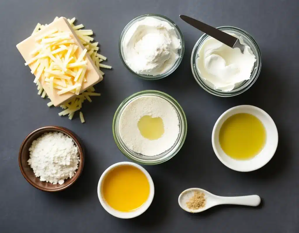 A flat lay of five key ingredients arranged artistically: shredded block mozzarella, softened cream cheese (with a knife dipped in), almond flour in a glass jar, a beaten egg in a small ramekin, and a sprinkle of garlic powder and Parmesan on a tiny ceramic spoon. Keto Dinner Rolls