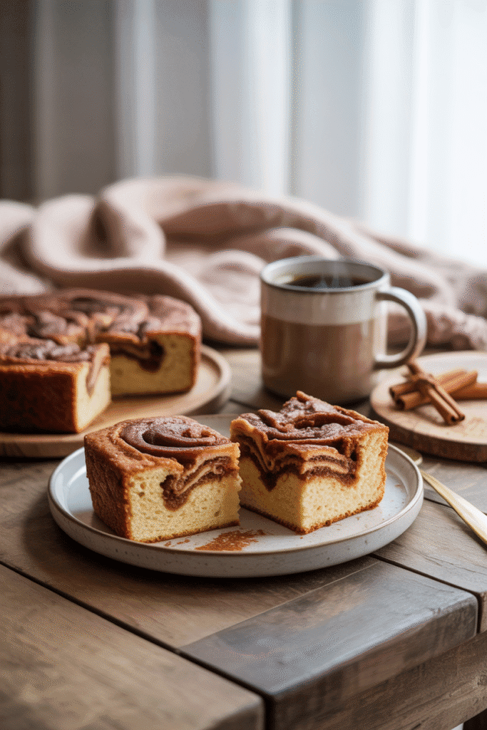 Prompt used: Ultra realistic food photography of a cozy morning scene with a rustic wooden table, a square cinnamon swirl keto coffee cake cut into neat pieces on a simple white plate, one slice pulled slightly forward to show the rich cinnamon ribbon and moist crumb, a steaming mug of coffee beside it, a soft beige knit blanket and a few cinnamon sticks in the background, natural soft daylight from the side, warm neutral tones, clean shadows, high detail textures, modern food blog styling, vertical Pinterest pin layout with empty space at the top for text overlay,
