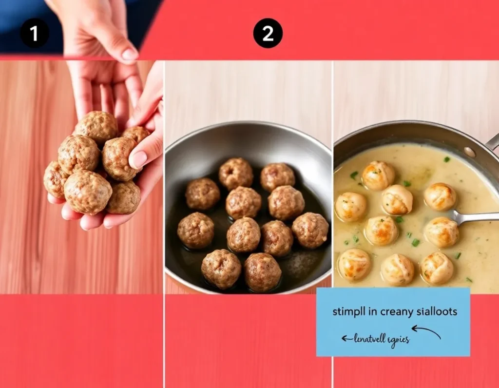 Step-by-step visual triptych in a single 4:3 frame: (left) shaping meatballs with wet hands, (center) browning in a skillet, (right) simmering in creamy sauce with shallots. Minimal text, clean separation.
