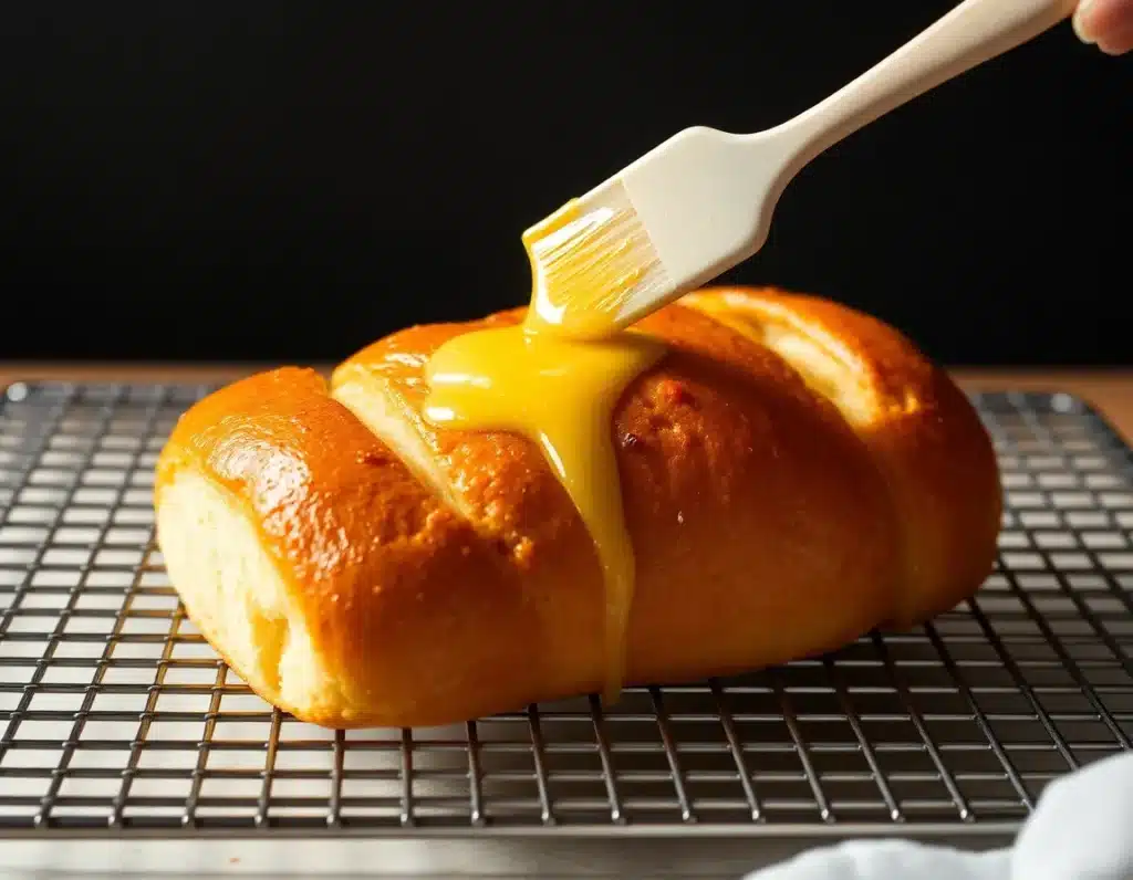 A roll cooling on a wire rack, with a small brush lightly glazing the top with melted butter. Butter drips slowly, catching the light. Keto Dinner Rolls