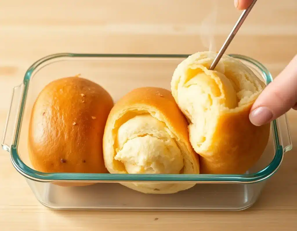 Three rolls in an airtight glass container: one fresh, one slightly stale (no visual difference), one being pulled out and sliced—steam rising.
