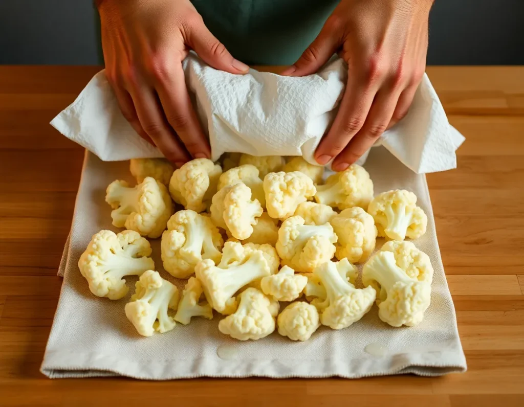 A close-up of hands pressing a layer of paper towels firmly onto steamed cauliflower florets spread on a clean kitchen towel. Water is visibly absorbed into the lower towel. Lighting is warm and practical, highlighting the action of moisture removal.
