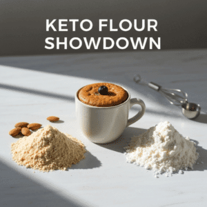 A flat lay image comparing distinct piles of almond flour and coconut flour, positioned next to a perfectly baked keto mug cake in a ceramic mug, illustrating the 'Keto Mug Cake Ingredient Showdown: Almond Flour vs. Coconut Flour' article.