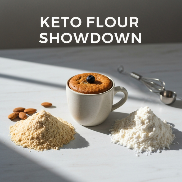 A flat lay image comparing distinct piles of almond flour and coconut flour, positioned next to a perfectly baked keto mug cake in a ceramic mug, illustrating the 'Keto Mug Cake Ingredient Showdown: Almond Flour vs. Coconut Flour' article.