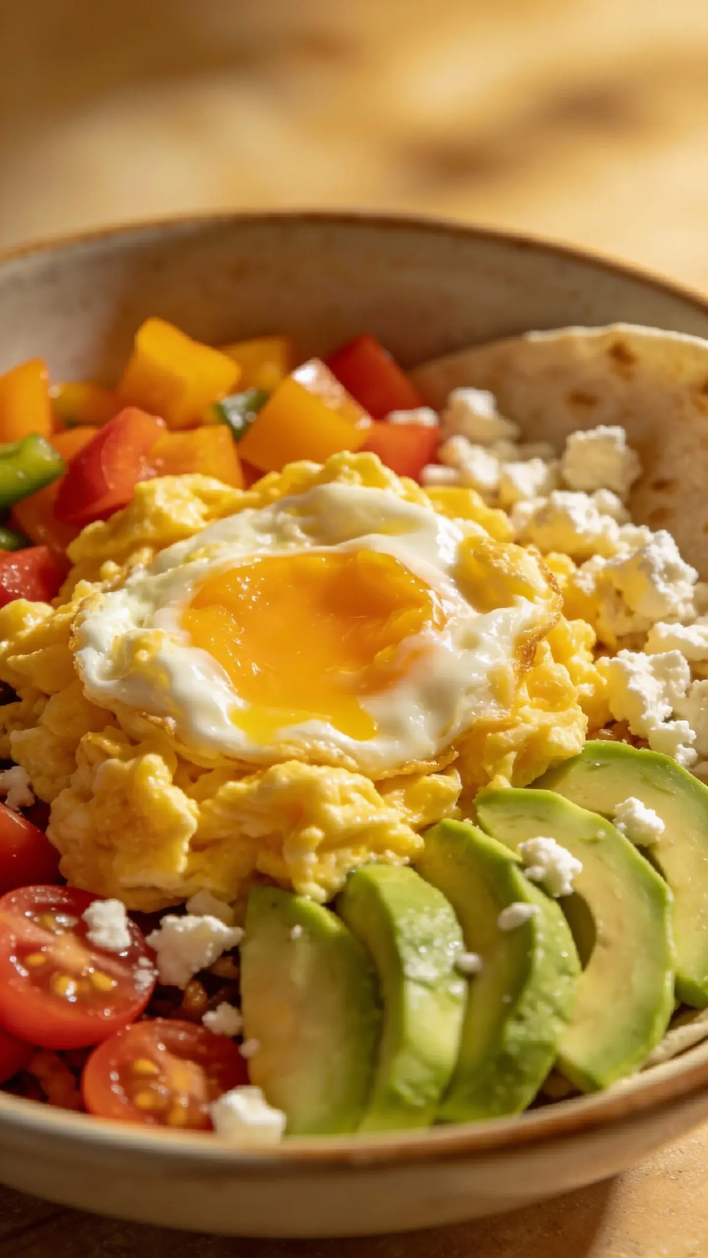 closeup low-carb breakfast burrito bowl with eggs and avocado