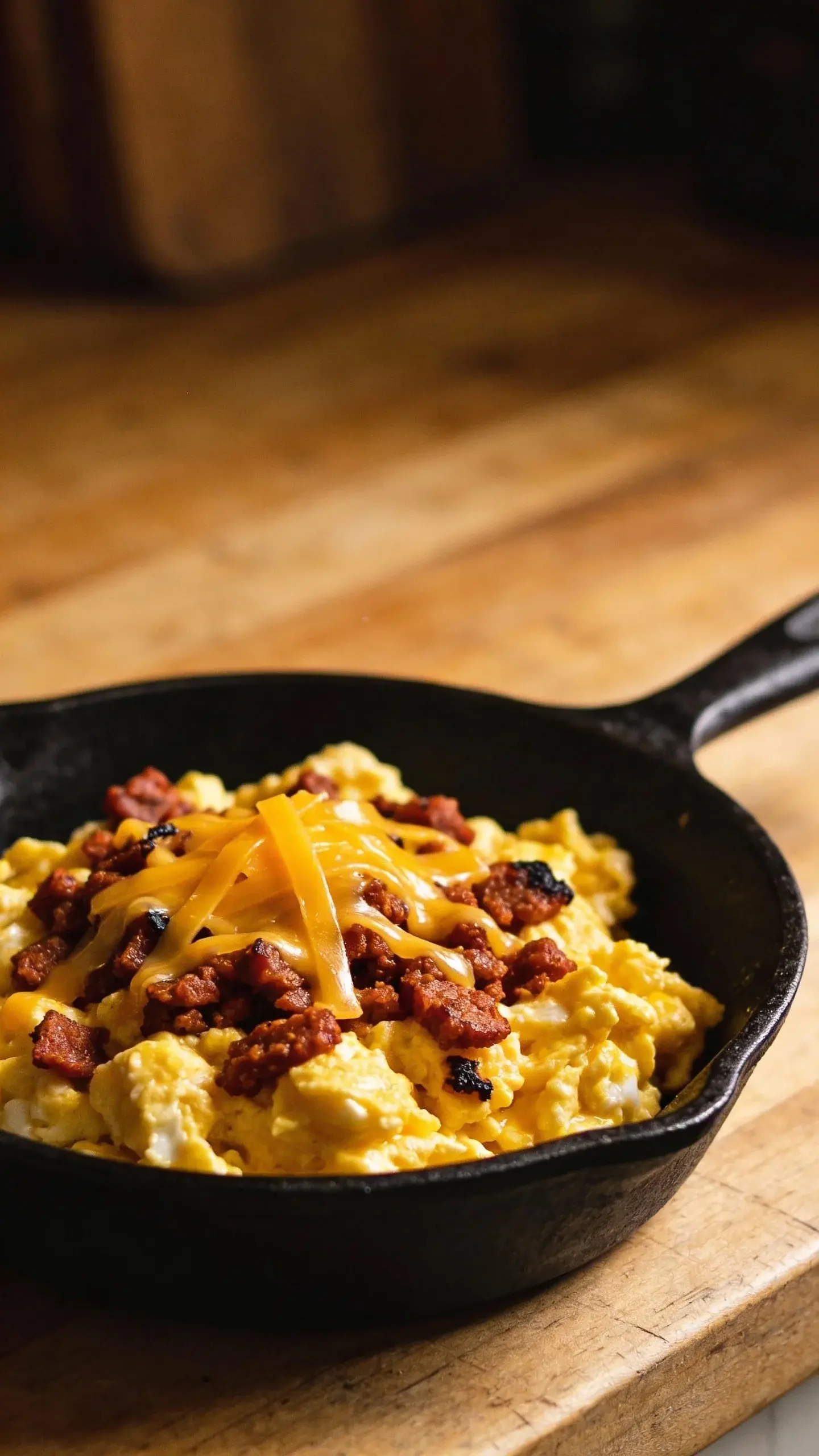 single skillet of scrambled eggs with chorizo, cheese garnish