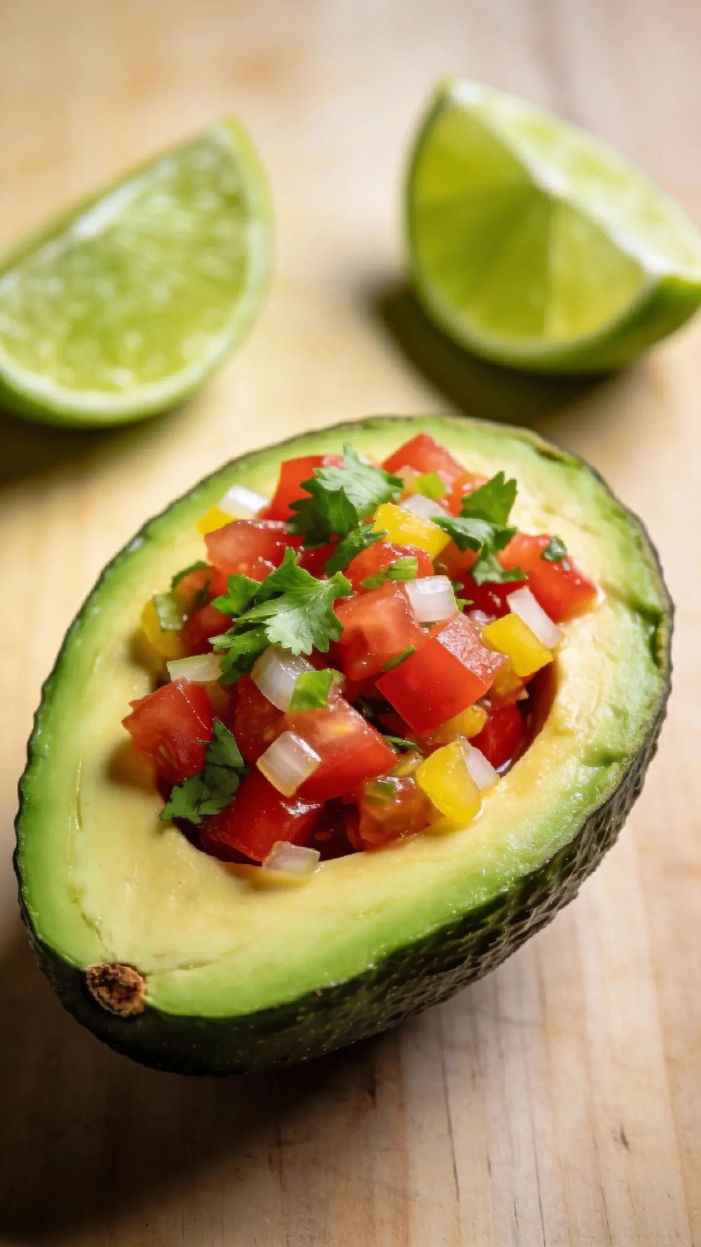 overhead shot of avocado half topped with salsa and lime wedges