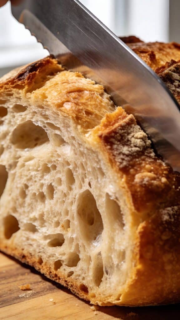 Subject: Extreme close-up macro shot of bread crumb texture.
Action: A knife slicing through a golden-brown loaf, revealing a porous, airy structure similar to sourdough.
Lighting: Natural window light, highlighting the air pockets.
Style: Hyper-realistic food photography, 8k resolution.