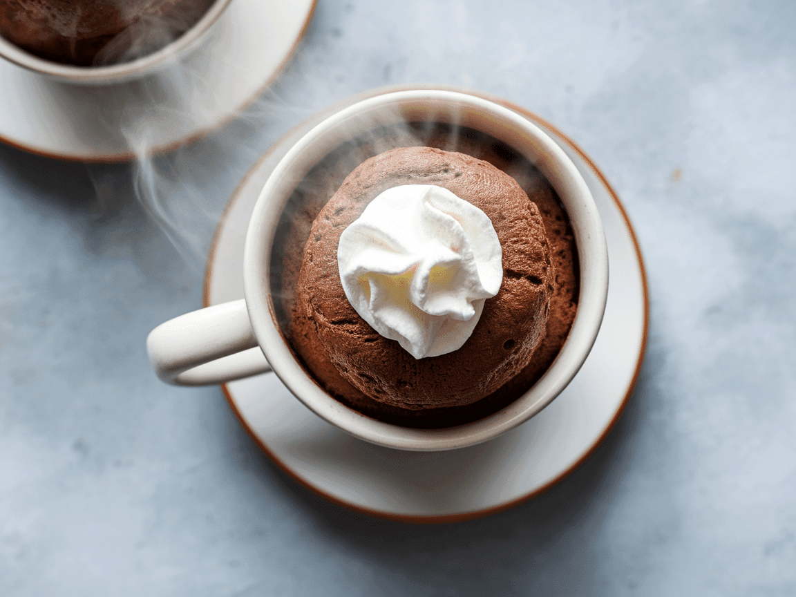 A steaming microwave-safe mug with a fluffy chocolate keto mug cake, topped with a dollop of whipped cream, soft natural lighting, overhead angle