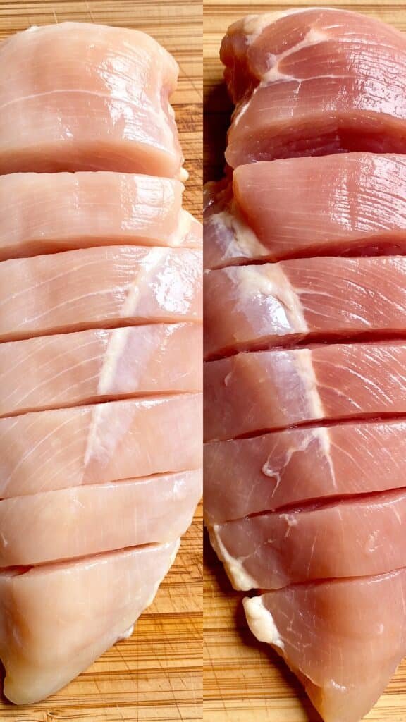 Image Generation Prompt:
Subject: A side-by-side comparison on a cutting board.
Left Side: A raw chicken breast being sliced against the grain, showing tight fibers.
Right Side: A boneless chicken thigh being sliced, showing the darker color and fat marbling.
Lighting: Bright and focused on the muscle grain to highlight the textural difference.