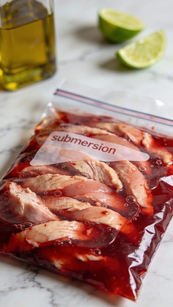 Subject: A clear ziplock bag lying flat on a marble counter.
Contents: Sliced raw chicken strips coated in a deep red, oily marinade. Air bubbles have been pressed out to ensure maximum contact.
Background: Fresh lime wedges and a bottle of olive oil are blurred in the background.
Goal: To demonstrate the "submersion" technique required for even flavor distribution.