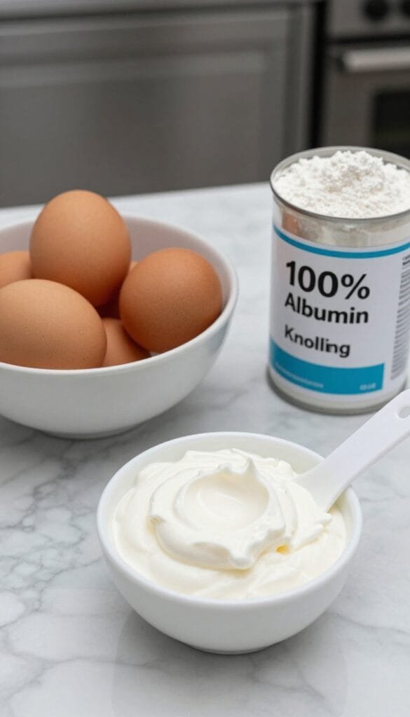 Subject: Ingredient "Knolling" (flat lay).
Elements: A bowl of fresh eggs, a canister of white powder labeled "100% Albumin," and a scoop of thick Greek yogurt.
Context: Clean marble countertop, professional kitchen setting.
Focus: Sharp focus on the texture of the thick yogurt and the powder.