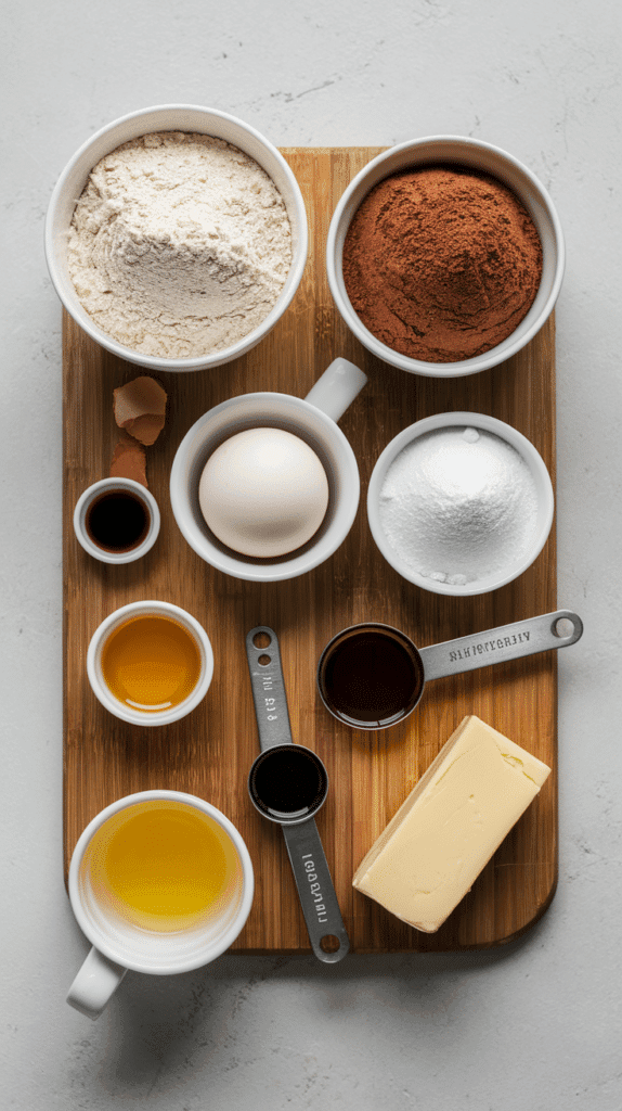 Flat lay of keto mug cake ingredients on a wooden board: almond flour, cocoa powder, erythritol, eggs, vanilla extract, butter, measuring spoons, organized and clean