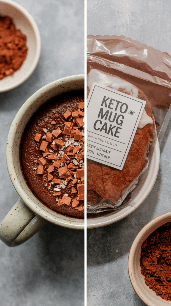 Split frame comparison: left shows homemade chocolate keto mug cake in a ceramic mug with ingredients visible, right shows packaged store-bought keto mug cake wrapper, studio lighting
