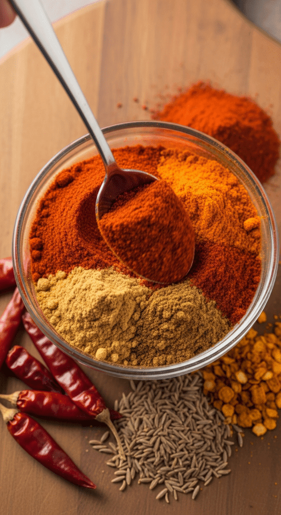 Subject: A close-up, overhead shot of a small glass bowl containing a vibrant pile of red chili powder, earthy brown cumin, and bright orange smoked paprika.
Action: A metal teaspoon is mid-mix, blurring the colors together.
Context: Raw spices are scattered slightly on a wooden cutting board background to imply freshness.
Goal: To visualize the purity of the ingredients compared to a processed packet.