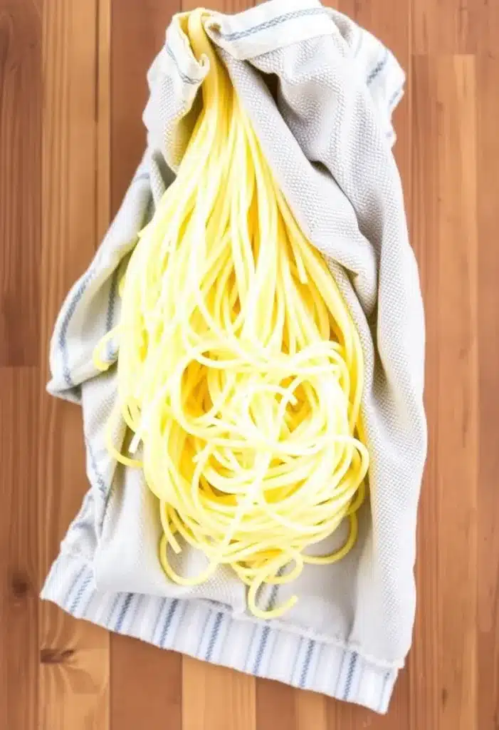 Spaghetti squash strands being squeezed in a kitchen towel to extract moisture