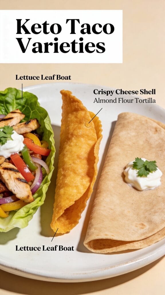 Subject: A trio of taco options displayed on a serving plate.
Left: A crisp lettuce leaf boat filled with fajita mix.
Center: A golden crispy cheese shell standing upright.
Right: A soft, pliable almond flour tortilla.
Goal: To visually represent the variety of serving options available to keto dieters.